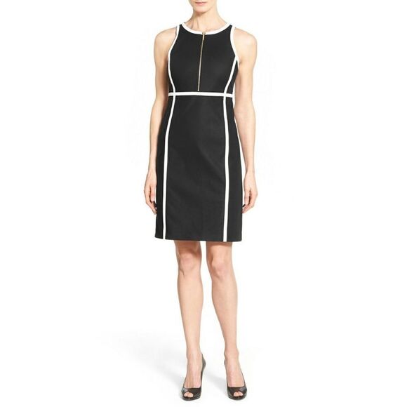 New! MICHAEL KORS Women's Zip-Front Contrast Black Sheath Dress Size 8 - Picture 1 of 5